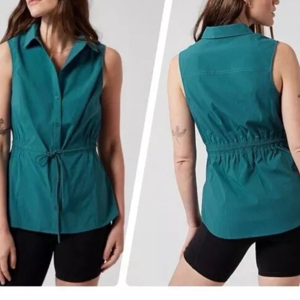 Athleta Levitate Poplin Tank‎ Top XS Borealis Green Cinched Tie Waist Sleeveless